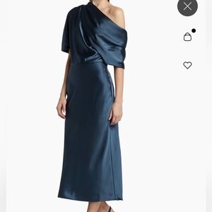 Amsale french blue draped satin pencil midi-dress ( the slouch slim midi dress)